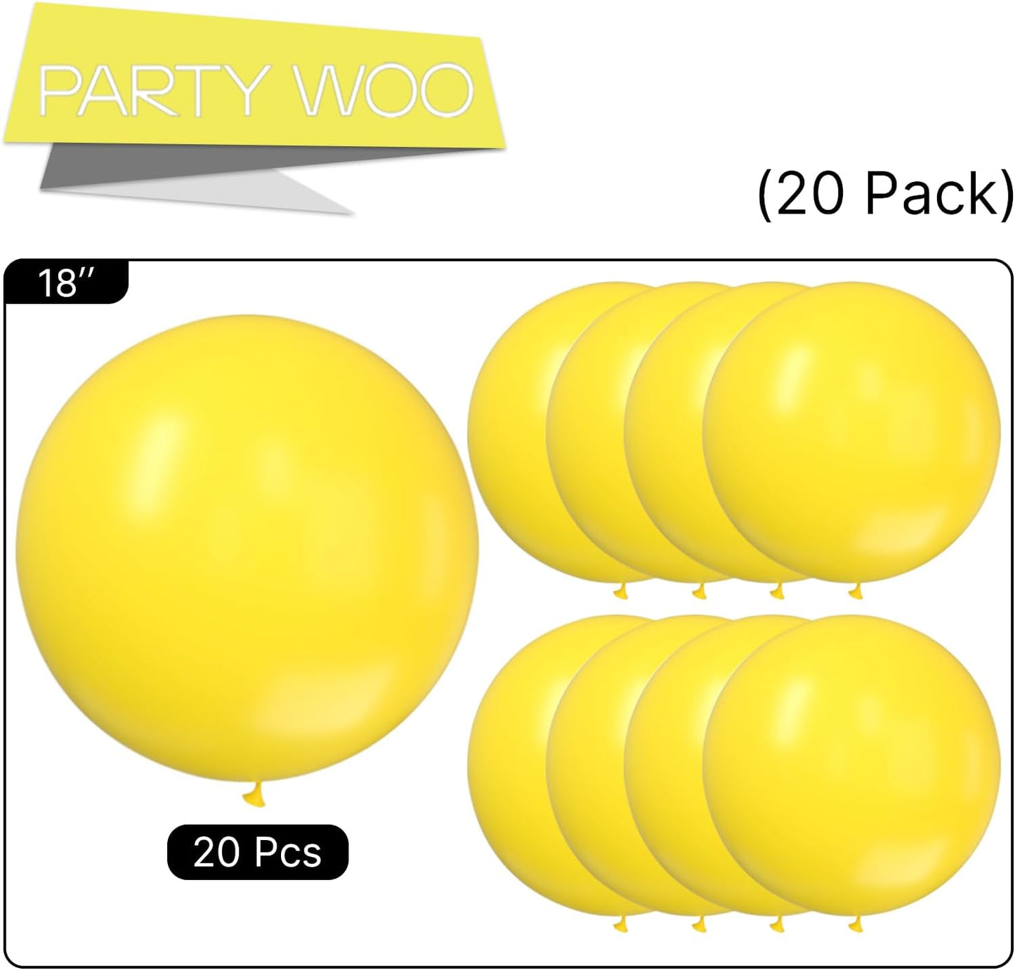PartyWoo Yellow Balloons 20 pcs 18 Inch Large Big Jumbo Giant Matte Yellow Latex Helium Balloons for Easter Bee Baby Shower Gender Reveal Sunflower Graduation Birthday Party Decorations Yellow-Y55