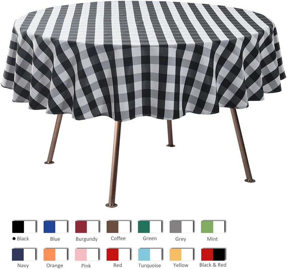maxmill Round Checkered Tablecloth Spillproof Wrinkle Free Heavy Weight Gingham Table Cloth for Circular Table Cover Buffalo Plaid for Buffet Banquet Parties Holiday Dinner 70 Inch Black and White
