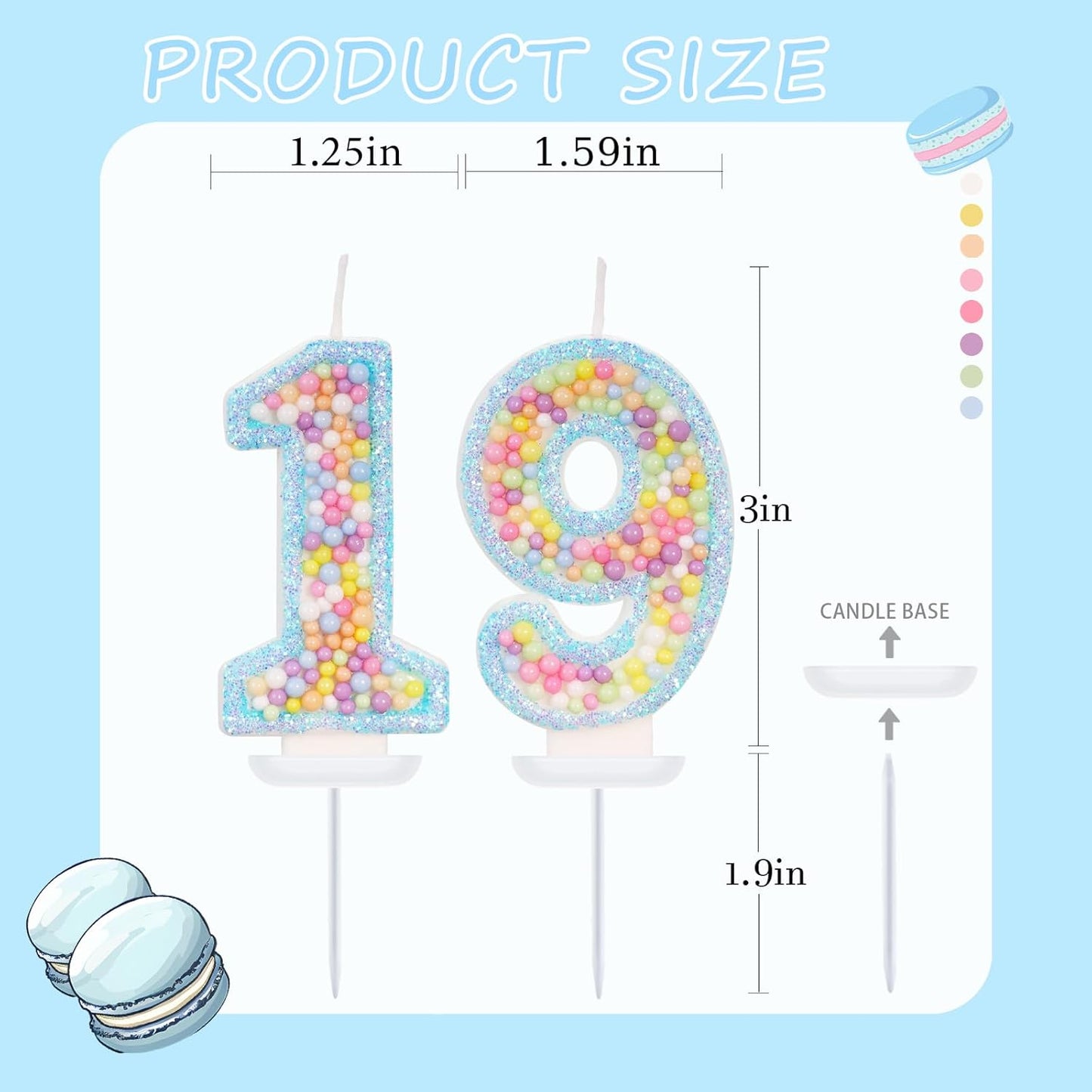 Blue Birthday Candles - Number 19 Candle, Colorful Macaron Candles, 19 Birthday Decorations for Girls Boys, Cake Decorations, Theme Party Supplies (Blue)