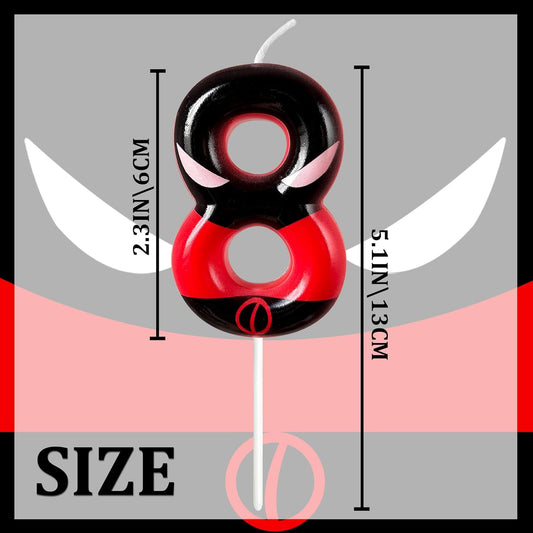 Black Red Mask Number 8 Birthday Candles - Comic Themed Cake Topper for Birthday Decorations Supplies, 8 Candle Party Favors (Number 8)