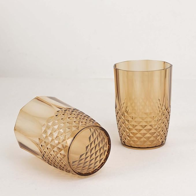 Efavormart 6-Pack Plastic Tumblers, 16oz Unbreakable Drinking Glasses Crystal Cut Style Amber Gold - Shatterproof Short Cups