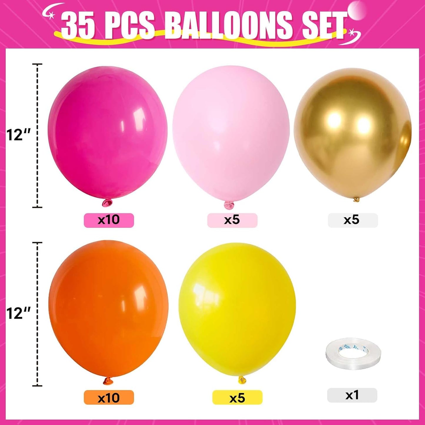 Pink Orange Yellow Balloons, 12 Inch Pink Orange Yellow and Gold Balloons for Birthday Graduation Summer Tropical Party Fall Thanksgiving Tequila Sunrise Sunset Party Decorations