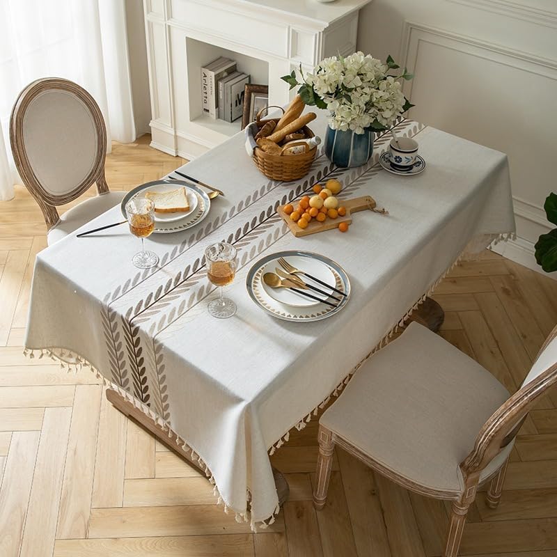 Oubonun Cotton Linen Rectangular Tablecloth - Wrinkle Resistant & Waterproof - Machine Washable Table Cloth with Tassels for Kitchen & Dining, 55''x102'', 8-10 Seats
