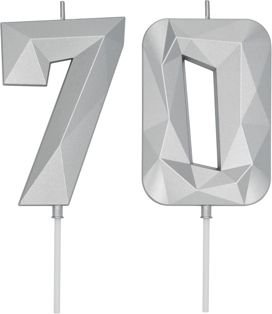 DERVENTA Birthday Candle Big Number 3D Silver 3.7 inch Party Celebration Anniversary Decoration Cake Topper 1 Piece (Number 70 Silver)
