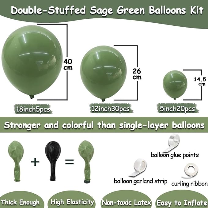 Double Stuffed Sage Green Balloons Retro Olive Green Balloon Garland Kit Different Sizes 18/12/5 Inch Pastel Avocado for Birthday Baby Shower Wedding Jungle Safari Spring Party Decoration