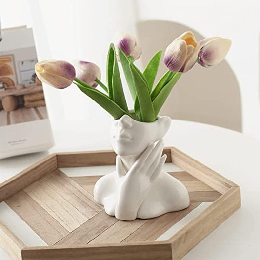 White Ceramic Face Vase, Female Form Head Half Body Bust Vases Boho Feminist Minimalism Decorative Modern Nordic Style Flower Vase for Home Living Room Office Book Shelf Decor (Medium)