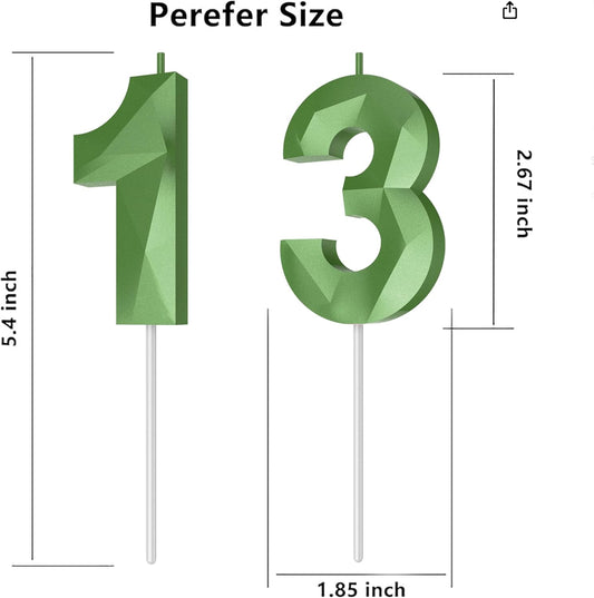 Number Birthday Candles(13 Candle Green) 3D Diamond Shape Number Happy Birthday Cake Candles for Birthday Party Wedding Decoration Reunions Theme Party