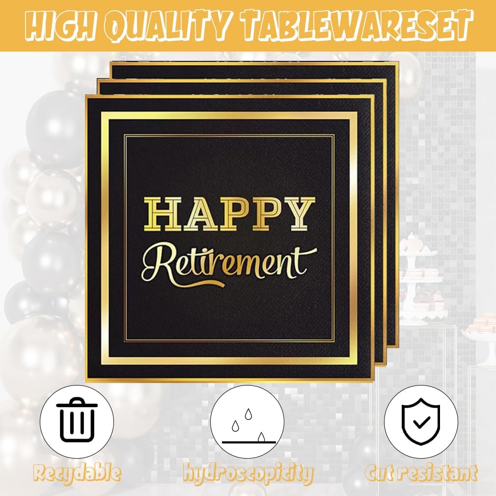 141pcs Retirement Party Decorations,Black Gold Party Disposable Tableware Includes Dinner Plate Dessert Plate Paper Napkin Cup Knife Fork Straws Tablecloth Black Gold Retirement Supplies set