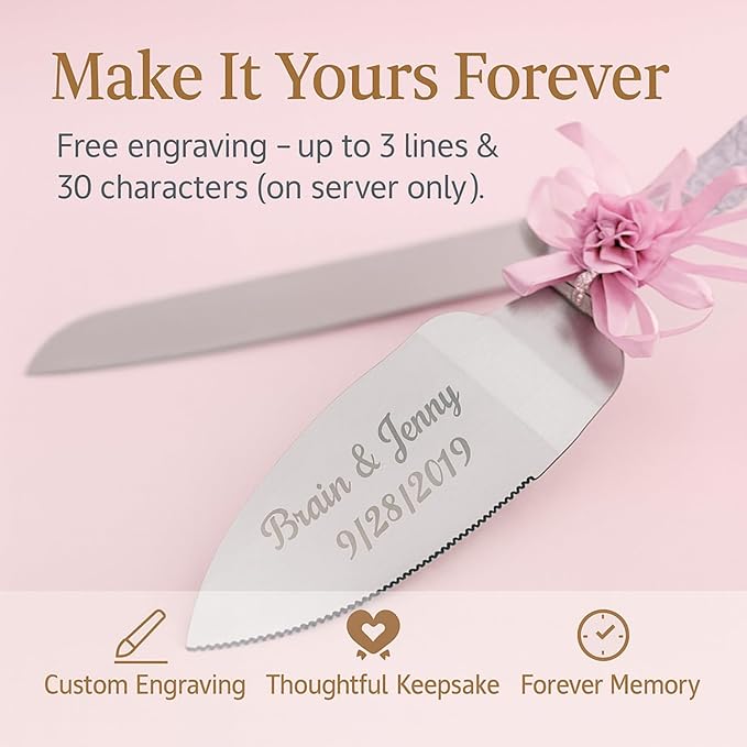 GIFTS INFINITY Personalized Wedding Cake Knife and Server Set with Engraving – Cake Cutting Utensil Set, Keepsake Gift for Wedding, Anniversary, Reception, Birthday & Other Occasions (Flower HG Pink)