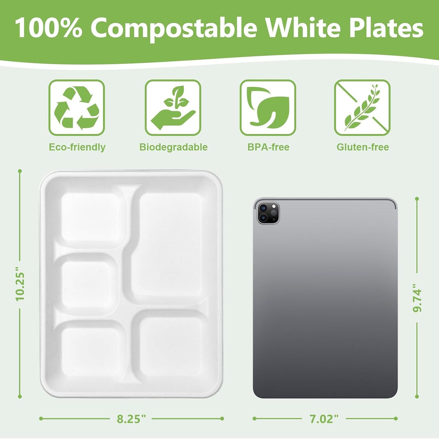 Compostable 5 Compartment Plates Disposable, 10.25 x 8.25 inch, [50-Pack] Heavy Duty Paper Plates with dividers, Sturdy School Lunch Trays, White Large Paper Dinner Plates for Buffet Party