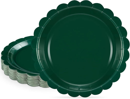 30 Pcs Dark Green Plates Disposable 7 Inch Scalloped Christmas Paper Plates Dessert Cake Plate Cute Party Plate for Wedding, Birthday, Holiday