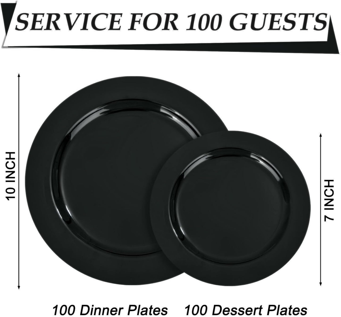 FLOWERCAT 200PCS Black Plastic Disposable Plates for Party - Black Plastic Plates - Serve for 100 Guests for Halloween Parties and Birthday Events