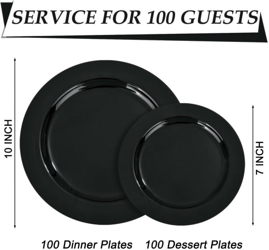 FLOWERCAT 200PCS Black Plastic Disposable Plates for Party - Black Plastic Plates - Serve for 100 Guests for Halloween Parties and Birthday Events