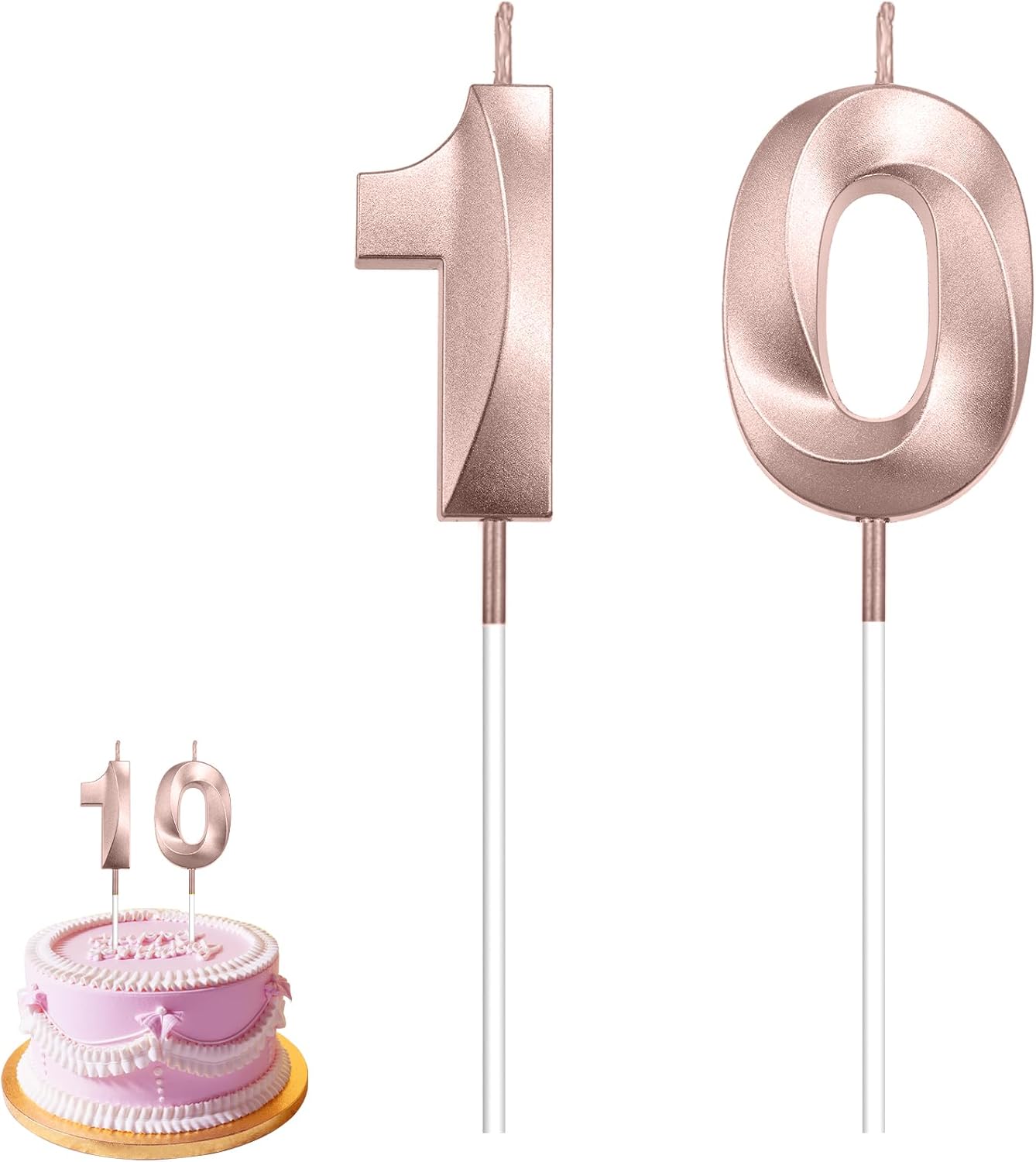 10th Birthday Candles Number 10 Candle Numeral Candles Happy Birthday Cake Candles Topper Decoration 3D Number Candles Cupcake Topper for Birthday Wedding Anniversary Celebration Supplies Rose Gold