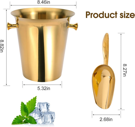 5 Liter Outdoor Gold Ice Bucket with Scoop, Stainless Steel Ice Bucket, Cocktail Bar Wine Party Beverage Cooler, Champagne Bucket，Home Bar Accessory - (Gold)
