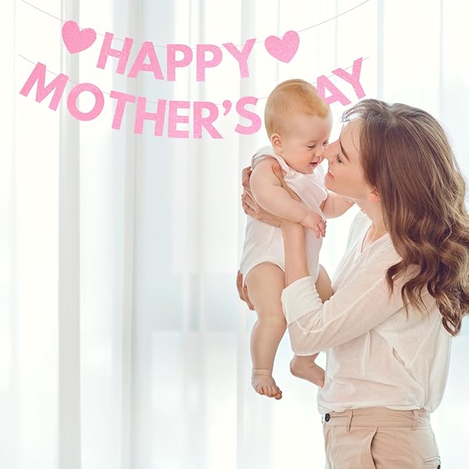 Happy Mother's Day Banner Set Decoration for Mother's Day Party Decorations Backdrop Garland for Mom Mother's Day Glitter Garland Photo Props (Pink Letter)