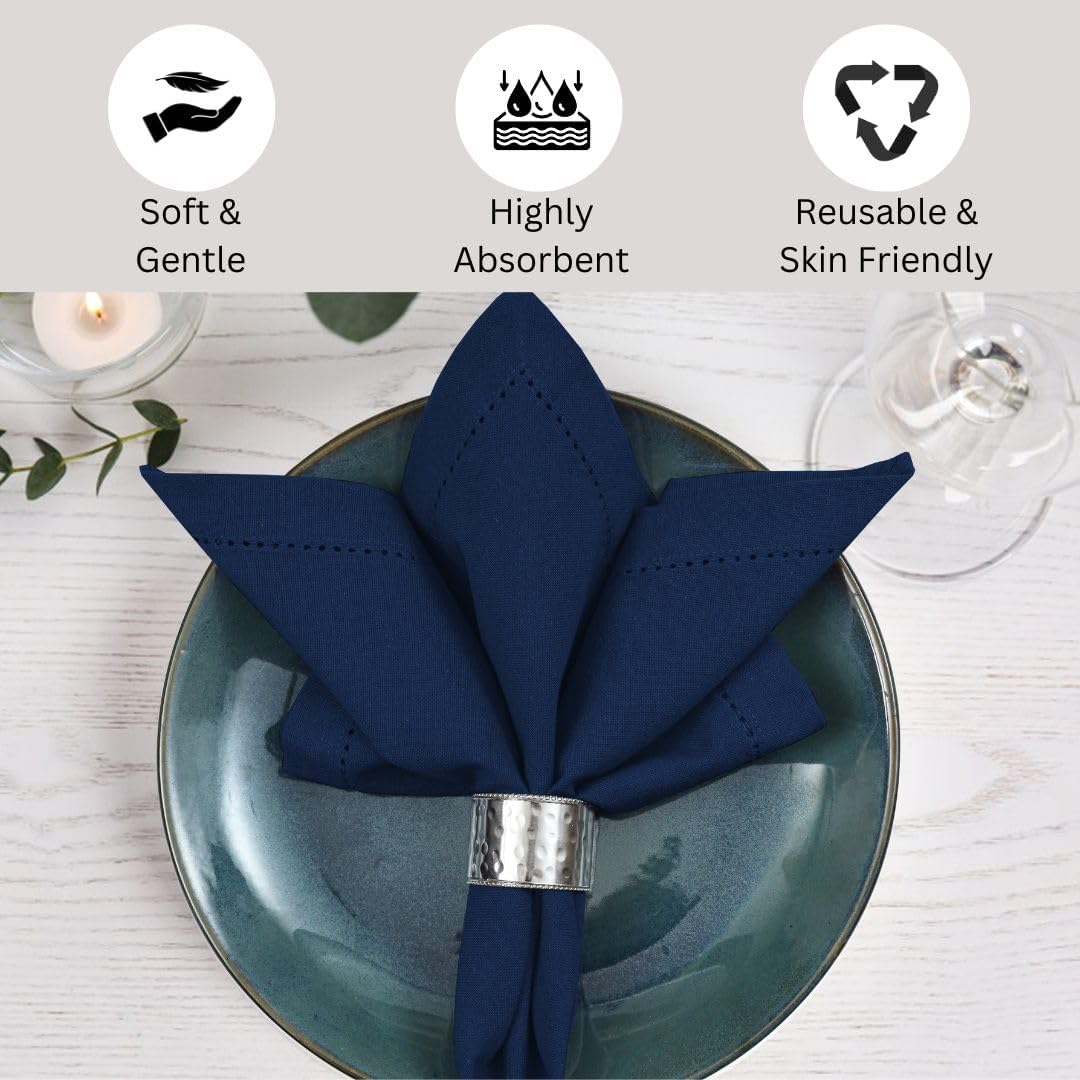 Hemstitch Cloth Dinner Napkins 100% Cotton Set of 12 - for Dining Special Occasions Weddings Parties Holidays Easter - Soft Durable Reusable - 18x18 Inch Table Cloth Napkins Navy Blue
