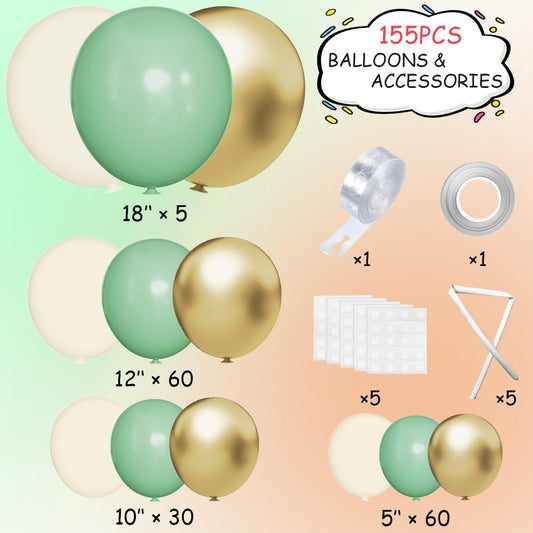 155Pcs Sage Green Arch Kit with Pea Green White Gold Balloons for Baby Shower Bridal Shower Birthday Engagement Wedding Wild One Party Decorations