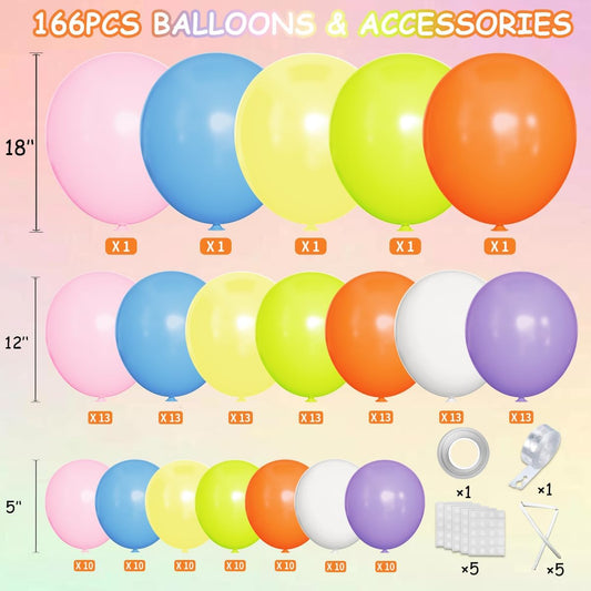 Colorful Rainbow Balloon Arch Kit, 166Pcs Multicolor Birthday Bright Balloons Garland for Birthday Baby Shower Wedding Party Decorations