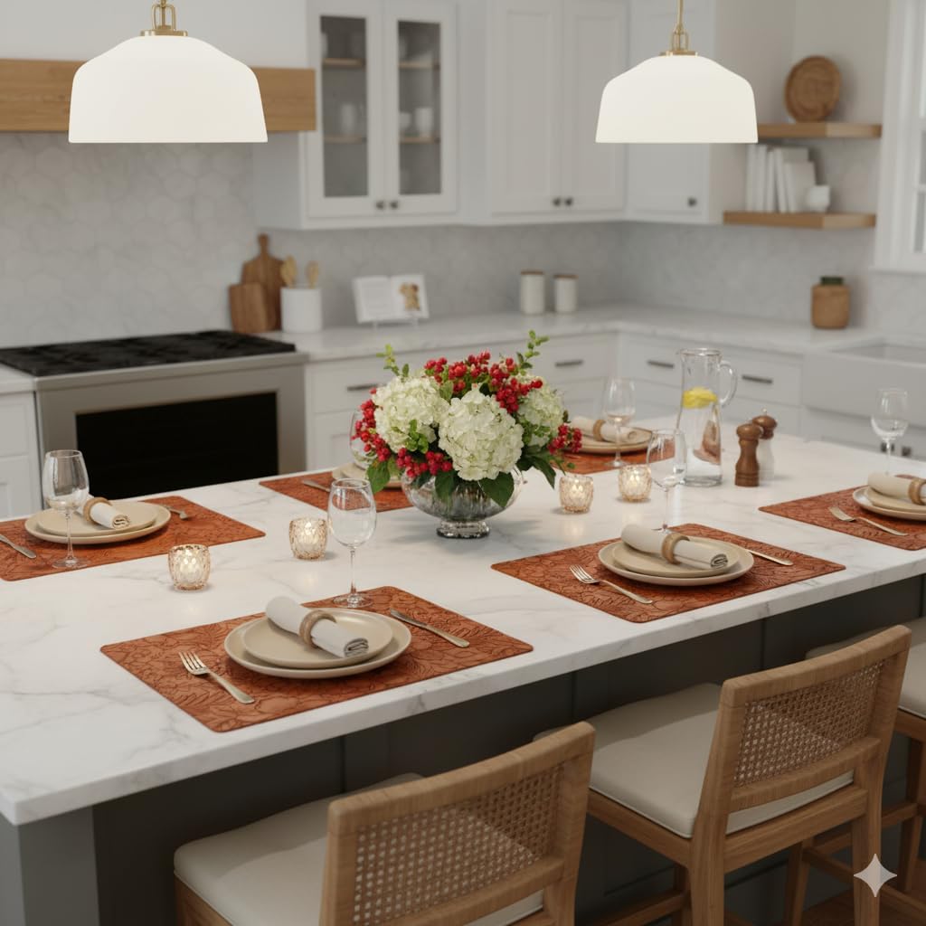17" × 12" Faux Leather Placemats Set of 6, Caramel Brown, Washable, Wipeable & Heat-Resistant Table Mats, Waterproof & Anti-Slip Dining Place Mats with Shallow Embossed Texture for Kitchen & Dining
