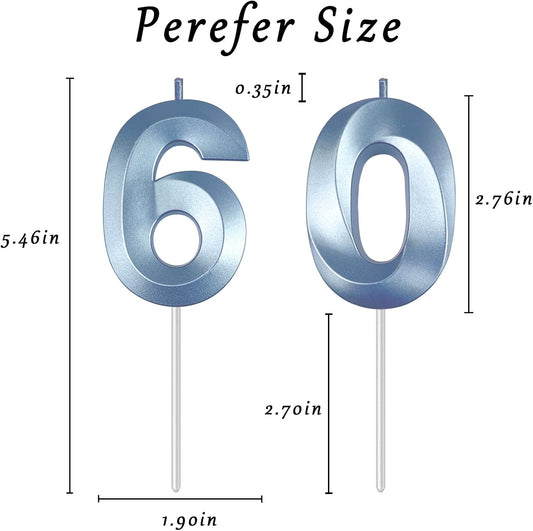 Blue Number 60 Candles, 3D Diamond 2.76 Inch Cake Topper Birthday Candles for Wedding Anniversary Cake Decorations, Happy Birthday Party Decorations