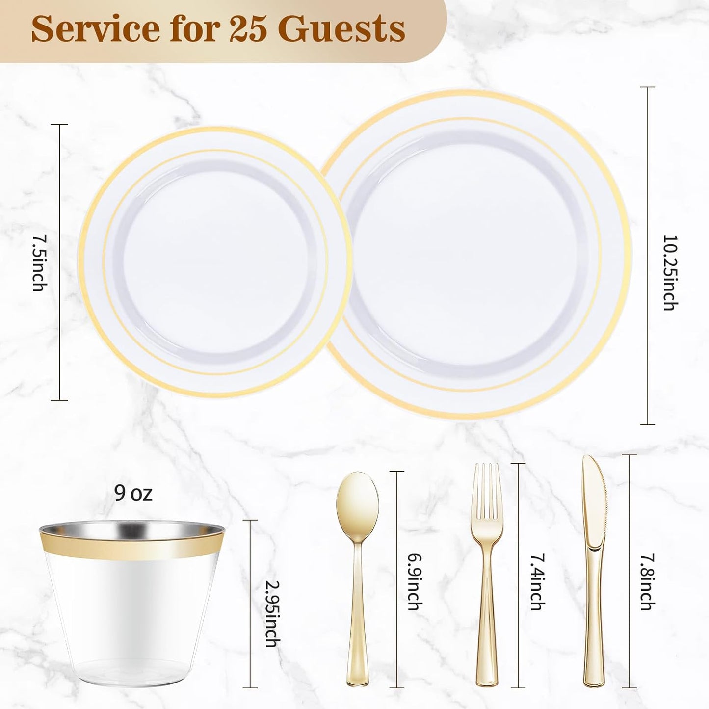BESTVIP 150PCS Plastic Dinnerware Set (25 Guests), Gold Disposable Plates for Party, Wedding, Christmas, Anniversary, Includes: Dinner Plates, Dessert Plates, Cups, Spoons, Forks and Knives