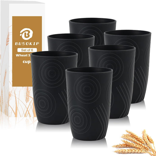 Wheat Straw Cups 6 Pcs 16 OZ Plastic Cup, Unbreakable Drinking Glasses, Lightweight Cup Set for Kitchen, Alternative to Plastic Cups Reusable Dishwasher Safe (Black)