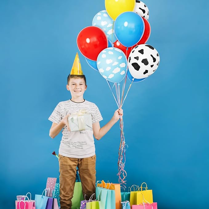 68Pcs Red Yellow Blue Toy Balloons 12 Inch Light Blue Cloud Cow Print Balloons for Baby's Birthday Story and Football Party Themed Decorations.