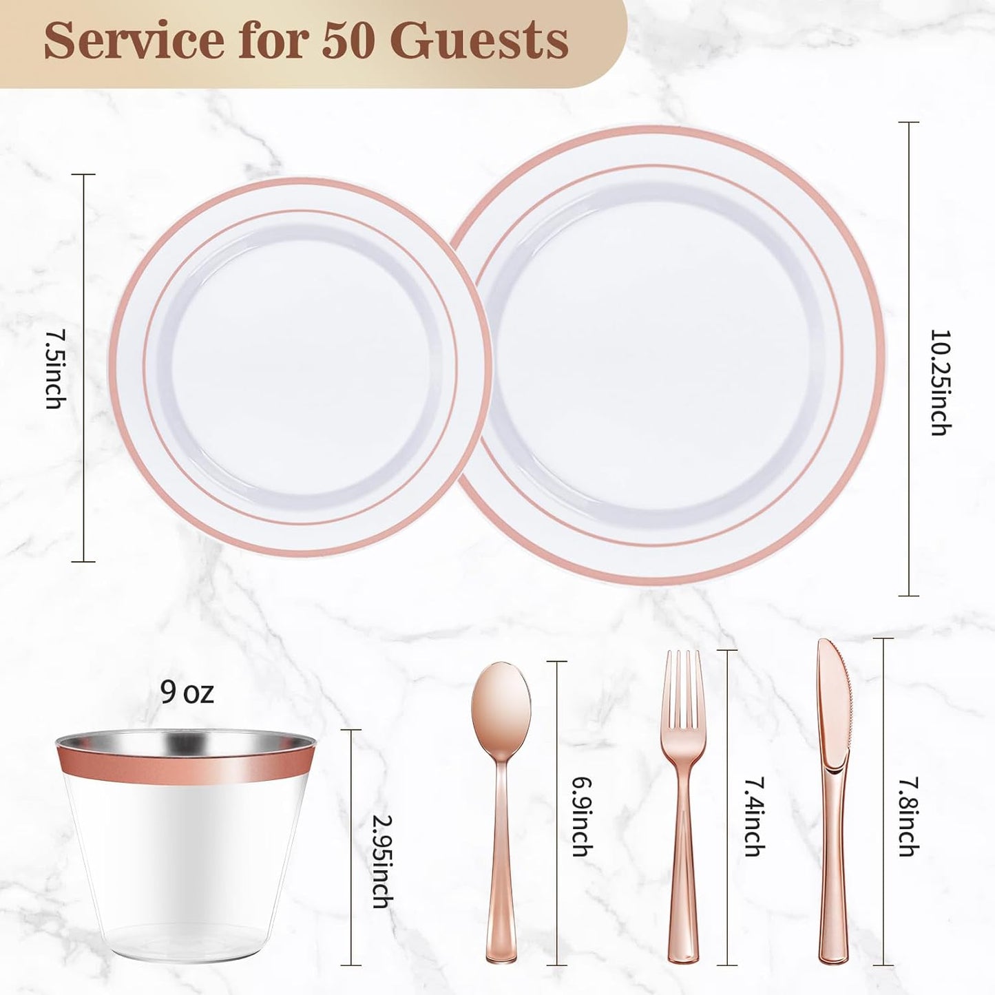BESTVIP 300PCS Plastic Dinnerware Set (50 Guests), Rose Gold Disposable Plates for Party, Wedding, Christmas, Anniversary, Includes: Dinner Plates, Dessert Plates, Cups, Spoons, Forks and Knives