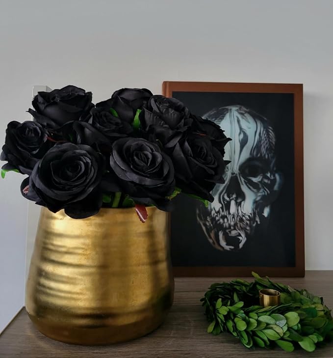 Black Artificial Roses Flowers, 12 Pcs Fake Rose in Bulk, Long Stem Realistic Silk Roses Bouquet for Centerpieces Flower Arrangement, Halloween Home Decor, Gothic Decoration (Black, 12-PCS)