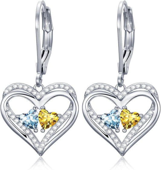 Valentines Day Gifts for Women, Heart Leverback Earrings Double Birthstone Dangle Earrings for Women, Love Jewelry for Her, Anniversary Birthday Gift for Mom Wife Girlfriend