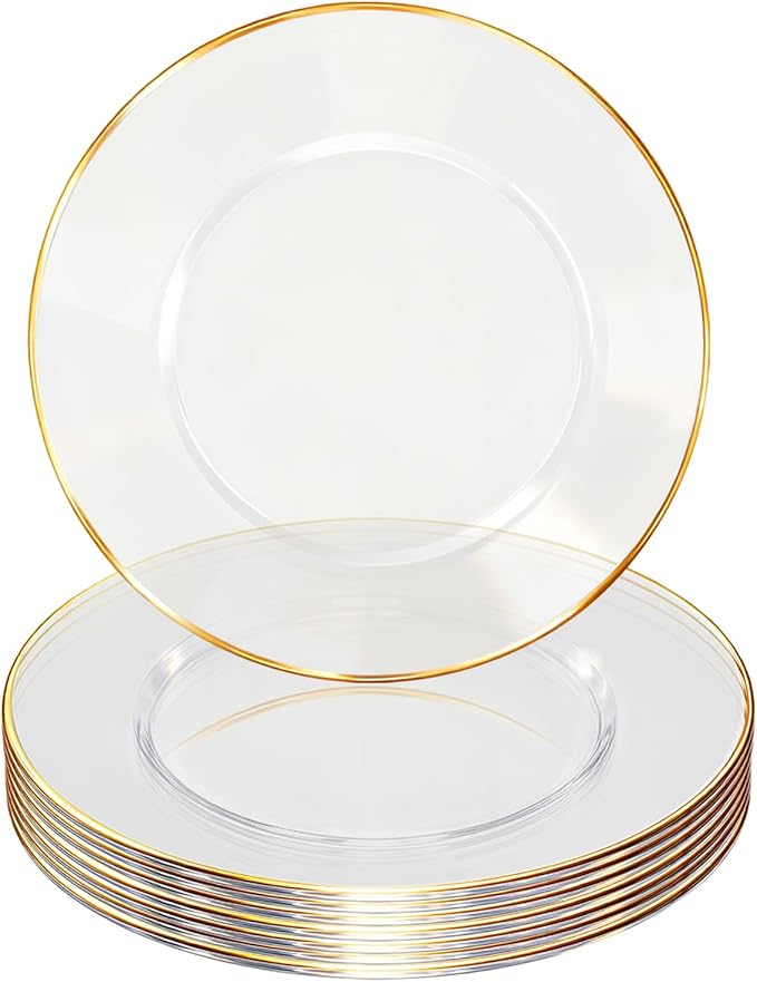 13 Inch Charger Plates, 8 Pack, Clear Charger Plates with Gold Rim, Heavy Duty Disposable Plastic Chargers for Dinner, Elegant Dining, Wedding, Party, Formal Event Decoration (8, Gold)