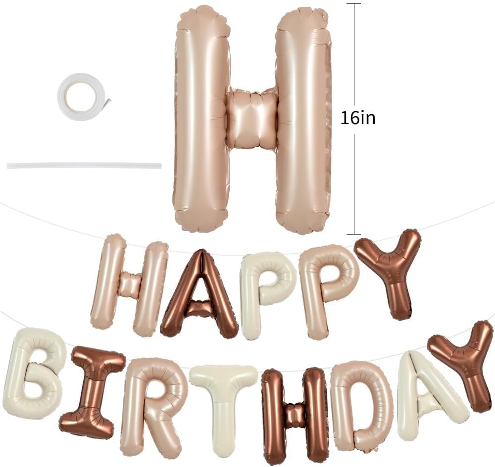 TONIFUL 16 Inch Happy Birthday Decorations Happy Birthday Balloon Banner with Star Balloons Mylar Foil Birthday Party Decorations Supplies（Light Brown Cream Chocolate ）
