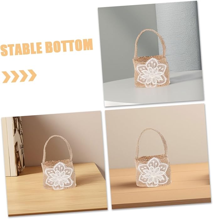 BESPORTBLE Mini Burlap Flower Girl Basket with 6pcs Linen Candy Bags Rustic Wedding Floral Party Favor Basket for Ceremony and Event Decoration