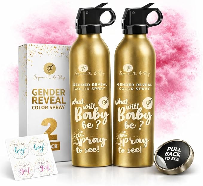 Gender Reveal Smoke Bombs Set – 2 Pack Gender Reveal Fire Extinguisher Spray (Pink, 150g Each) – Non-Toxic Cornstarch Cloud for Baby Girl Reveal Party Ideas, Pregnancy Announcement – Stickers Included