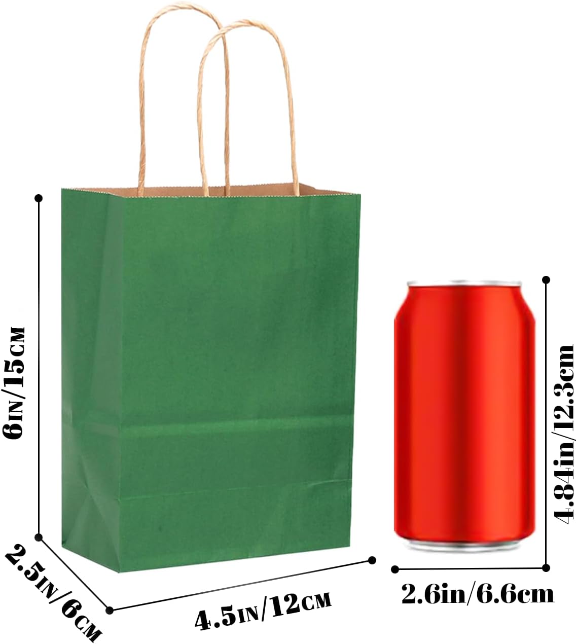 qiqee 50-Packs Kraft Deep Green Paper Gift Bags with Handles Bulk 4.5"x2.5"x6" Mini Size Party Favor Bags Multiple Uses