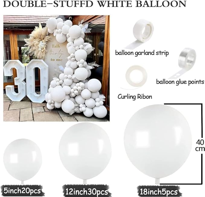 Double Stuffed White Balloon Garland - Pastel White Balloons Different Sizes 18/12/5 Inch Matte Latex Arch for Birthday Baby Shower Bridal Shower Wedding Easter Party Decorations