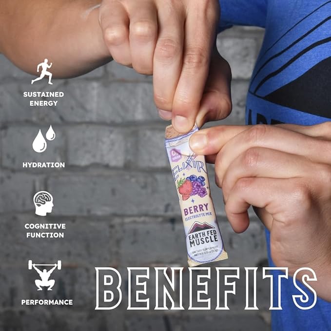 Earth Fed Muscle Elixir Berry Instant Hydration Electrolyte Packets Drink Mix – Zero Calorie, Sugar-Free, 30 Sticks Pack – Cure Electrolytes & Dehydration Relief