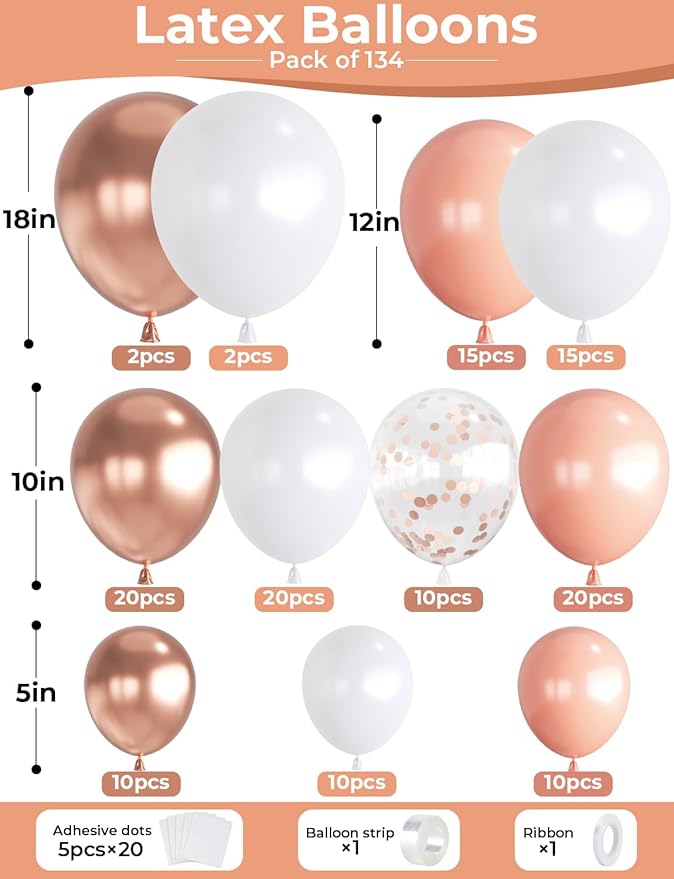Rose Gold Balloon Garland Arch Kit, 134 Pcs Mothers Day Balloon Arch Kit, Multi-Size Metallic Rose Gold White Confetti Balloons for Mothers Day Decor, Bridal Shower, Wedding, Retirement, Baby Shower