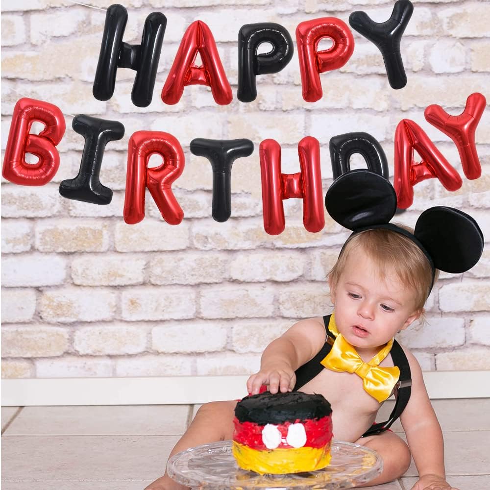 TONIFUL Happy Birthday Balloons Banner with Ribbon Straw, 16 Inch Mylar Letters Birthday Sign Banner Balloon Bunting Reusable for Girls Boys Kids & Adults Birthday Halloween Supplies（Black Red）