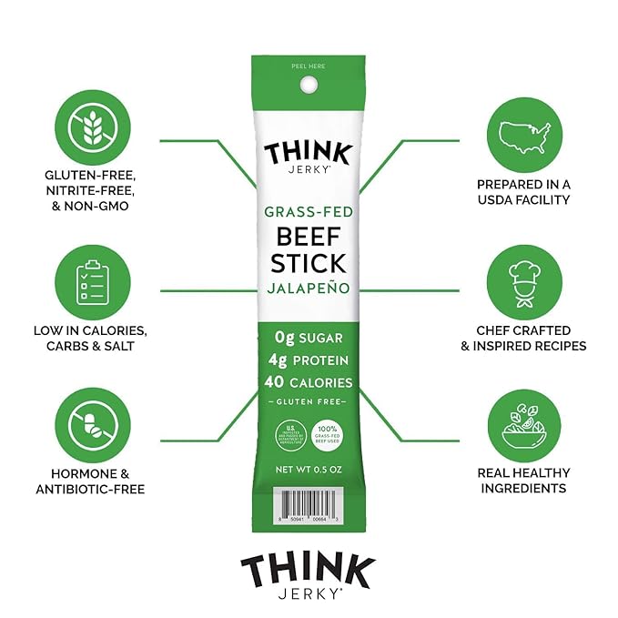 Think Jerky Jalapeno Beef Sticks, Gluten and Sugar Free, No Nitrates, Keto Paleo Friendly High Protein Low Carb Meat Snack - 0.5 oz Sticks, 20 Pack