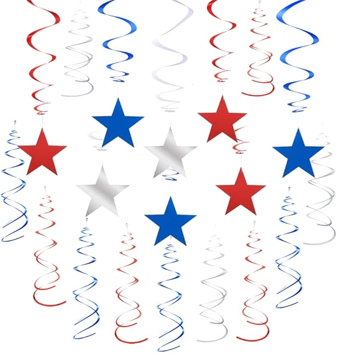 MOWO Silver Blue and Red Star Swirl Hanging Decoration for 4th July Independence Day Graduation Retirement Patriotic Theme Party Supplies,Pack of 21