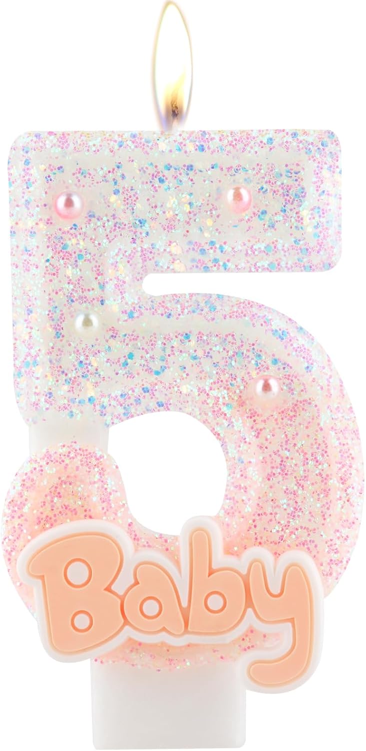 Pink Baby Birthday Number Candles, Birthday Candles for Cake, Glitter Number 5 Cake Topper with Sequins for Girls, Baby Baptism Party Cake Decorations