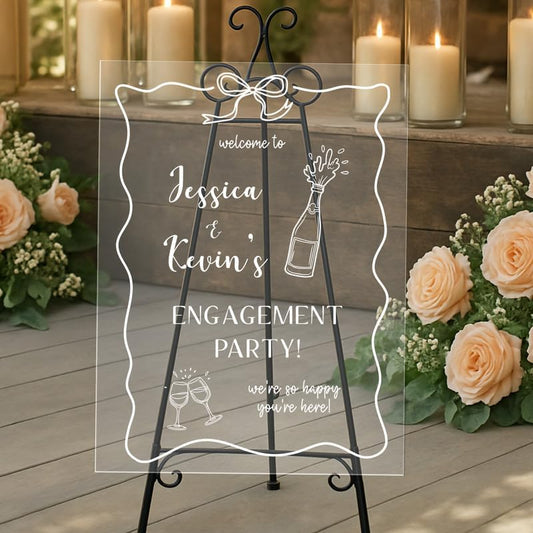 Black & White Bow Engagement Party Welcome Sign - Personalized Couples Yard Sign with Champagne & Glasses
