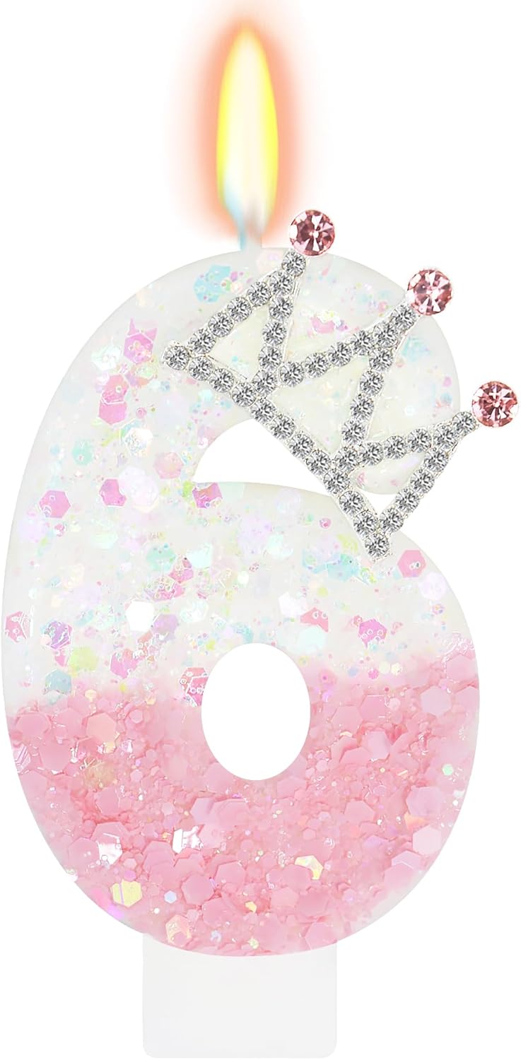 Pink White Number 6 Candle, Glitter Crown Cake Topper, Princess Birthday Party Decorations for Girls and Women Anniversary Celebrations Party Favors