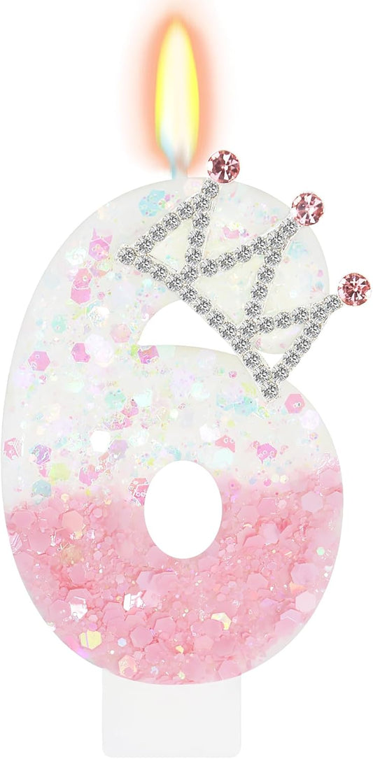 Pink White Number 6 Candle, Glitter Crown Cake Topper, Princess Birthday Party Decorations for Girls and Women Anniversary Celebrations Party Favors