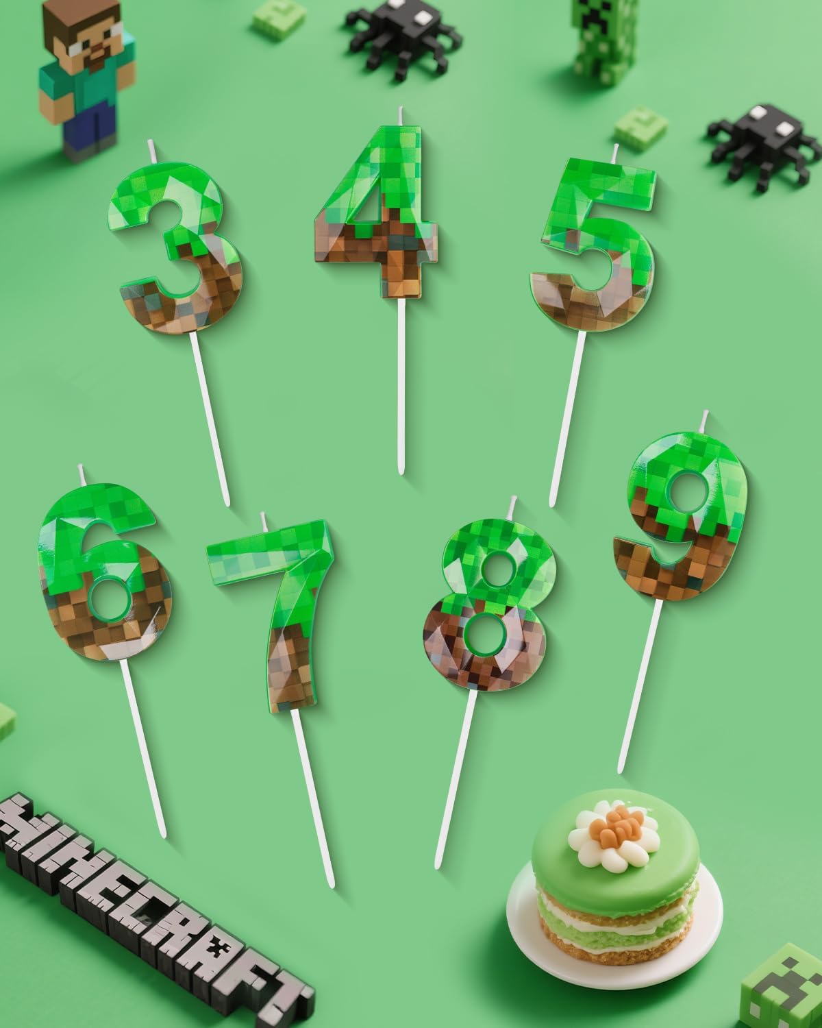 Pixel Birthday Candle, 2.68 Inch Miner Number Candles, Game Themed Candle Birthday Decoration for Pixel Theme Birthday Anniversary Dynamite Video Game Party (Green, 9)