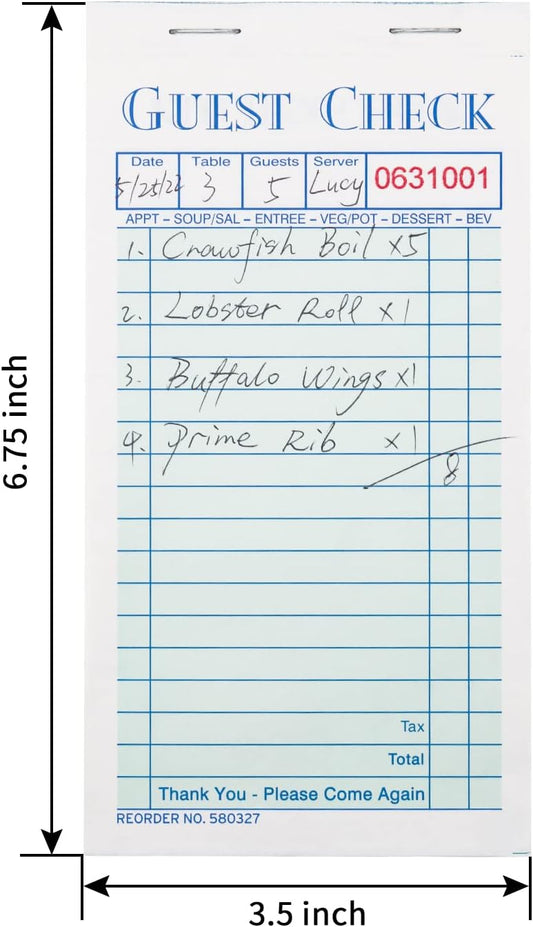 Guest Checks Server Note Pads 600 Sheets With Carbonless 600 Copy Sheets for Restaurants (12 Books) 3.5" x 6.75" Per Ticket Books