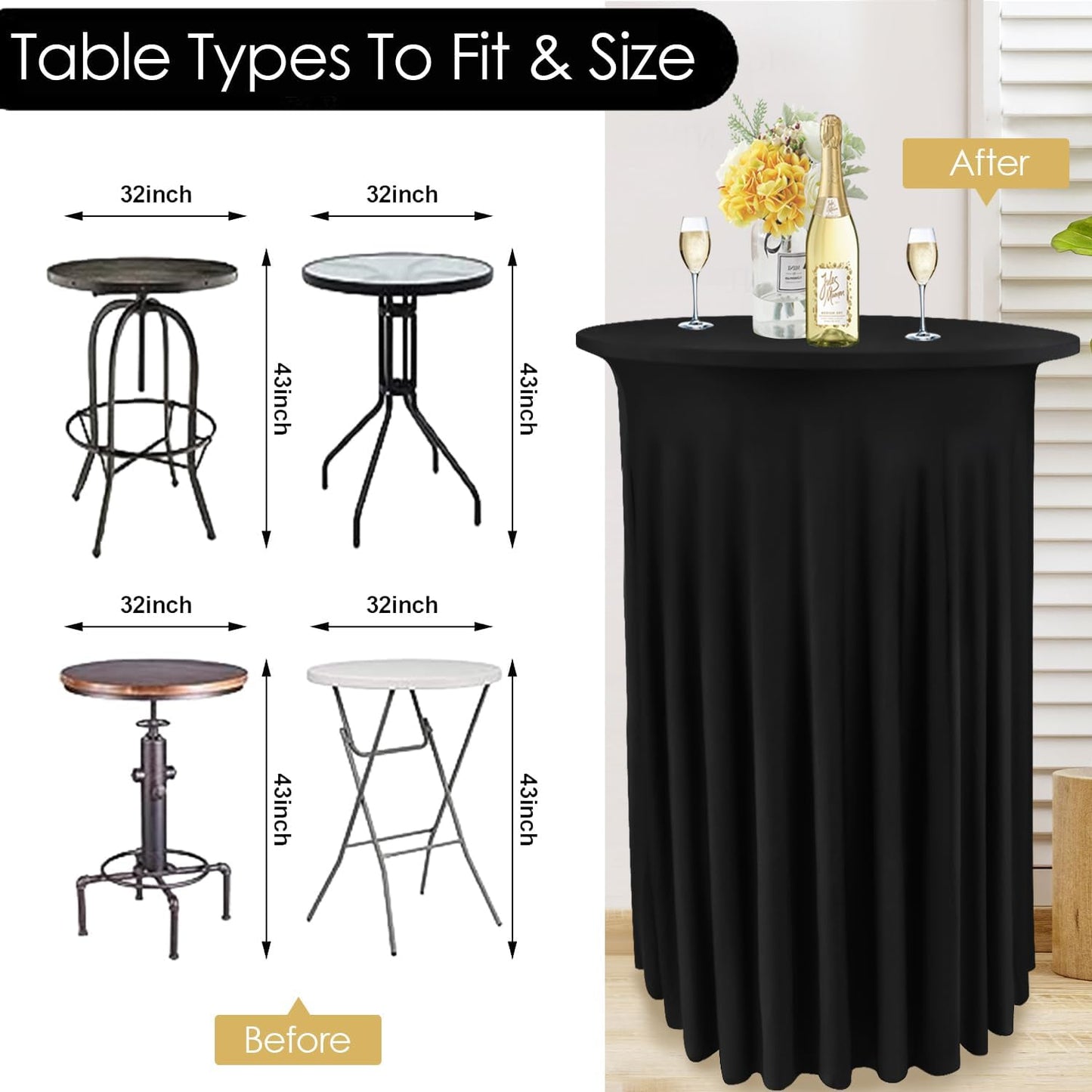 Spandex Cocktail Table Skirt 32x43 Inch Stretch Cocktail Table Cover Round CocktailTablecloth with Wavy Drapes Spandex Fitted High Top Table Covers for Wedding, Banquets and Party (Black, 4 Pack)