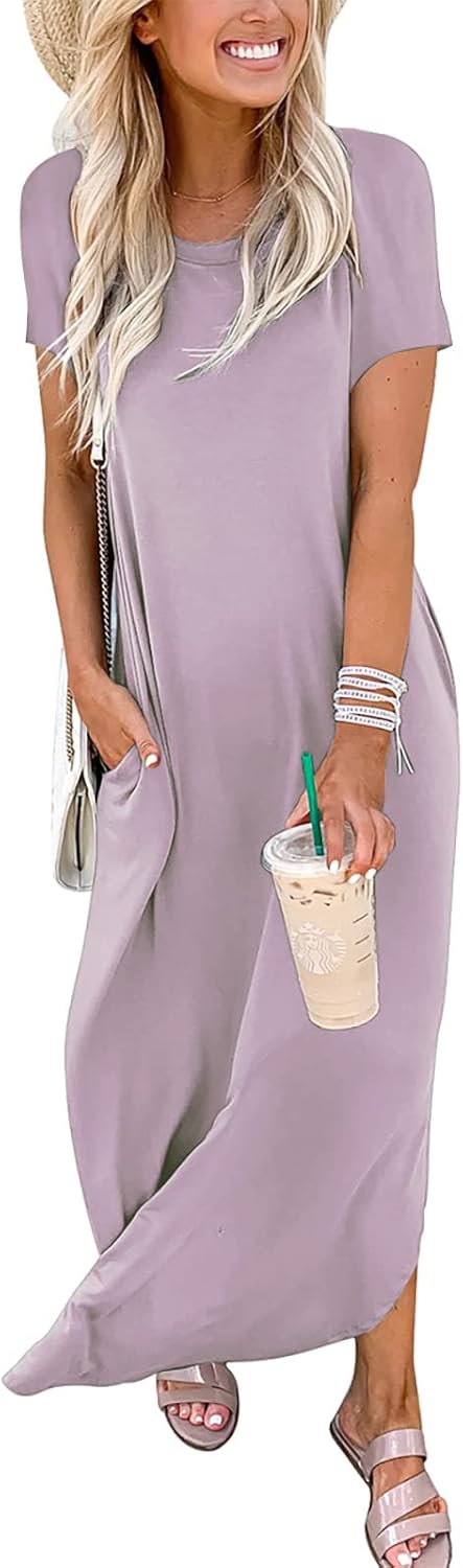 ANRABESS Womens Summer Maxi Dress Short Sleeve Casual Loose Long T Shirt Dresses Split Vacation Beach Sundress Travel Outfits